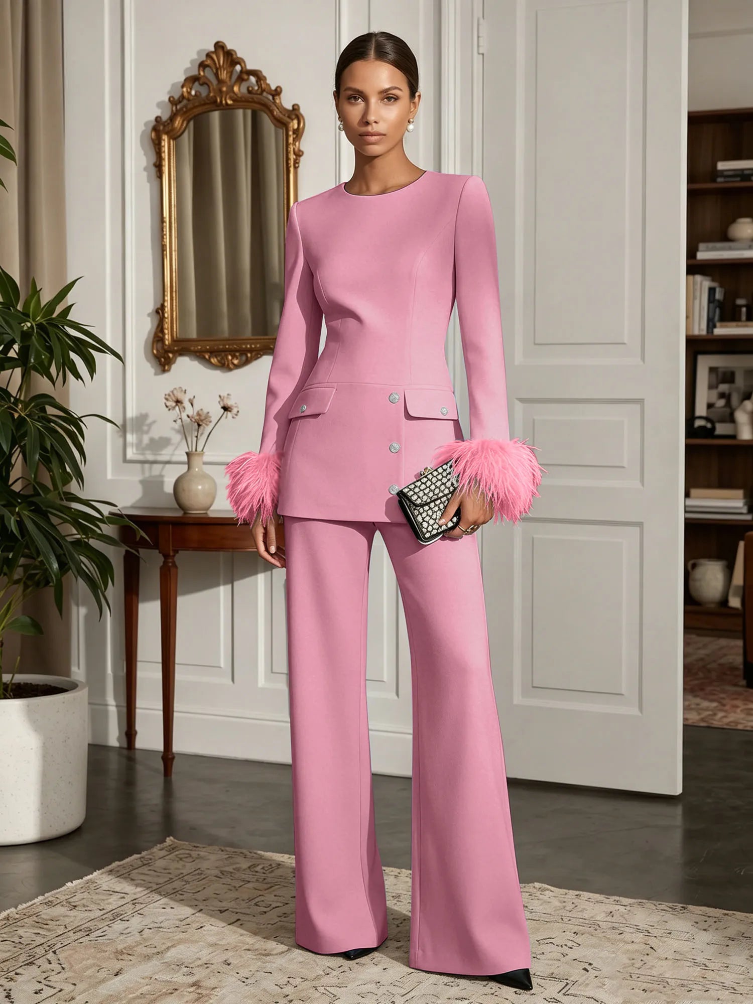 Women's White Two-Piece Set: Buckle Detail Feather-Trimmed Top & Straight-Leg Pants