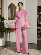 Women's White Two-Piece Set: Buckle Detail Feather-Trimmed Top & Straight-Leg Pants