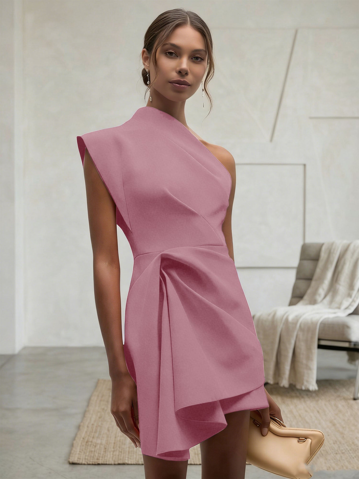 Purplish blue Ruched One Shoulder Sleeveless A-line Mini Homecoming Dress