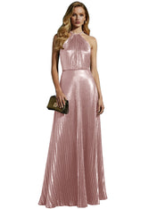 Luxurious Champagne-Gold Pleated Halter Long Prom Dress
