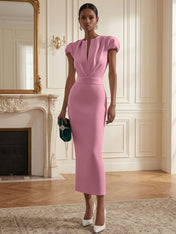 White Ruched Classic Notched Short Sleeve Puff Sleeve Sheath Midi Dress