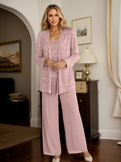 Dusty Pink Chiffon Mother of the Bride Pantsuits with Jacket & Sequins