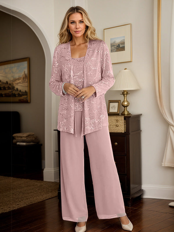 Dusty Pink Chiffon Mother of the Bride Pantsuits with Jacket & Sequins