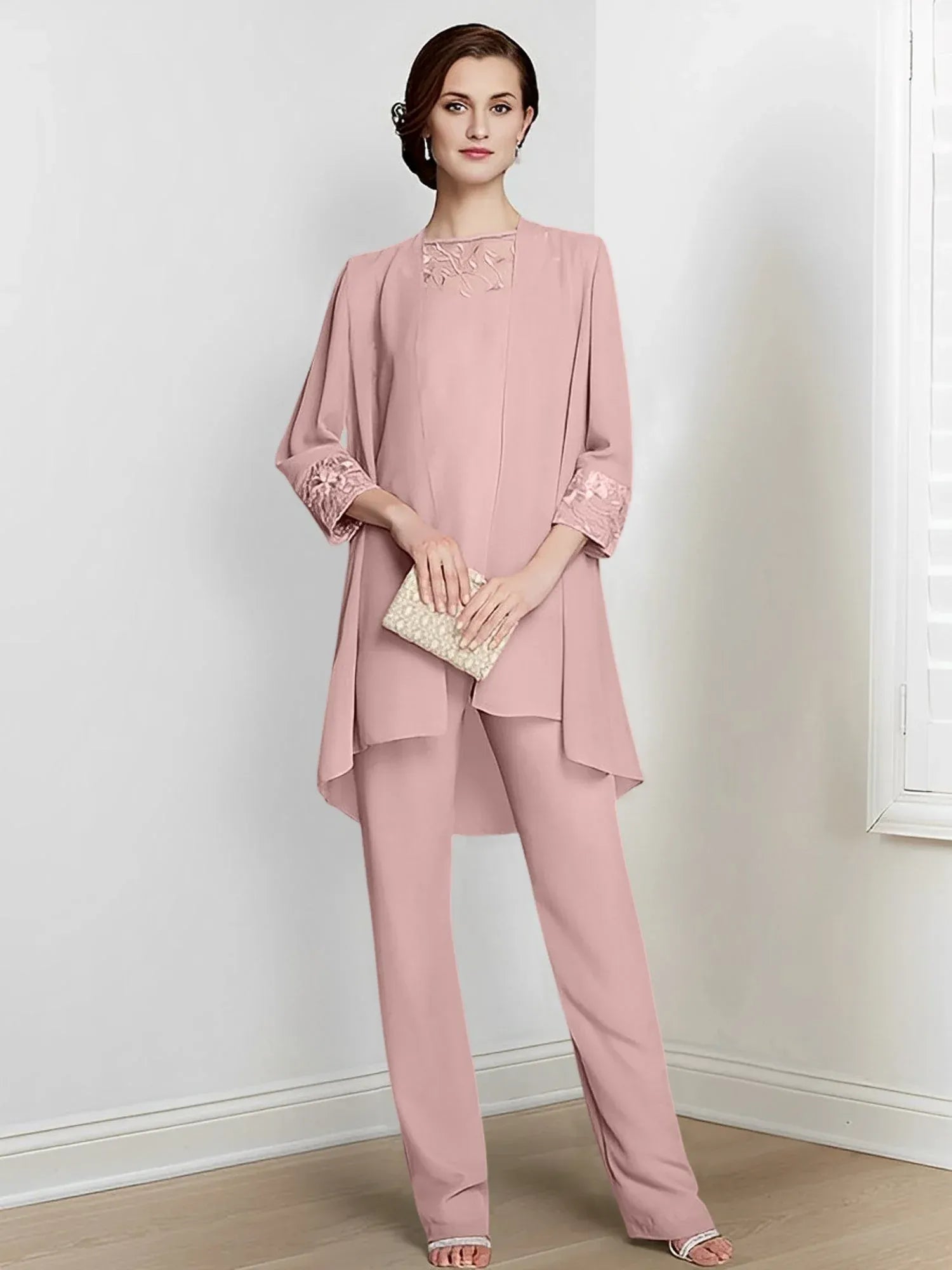 Tailleur-pantalon en mousseline à manches longues pour mère de la mariée avec veste 