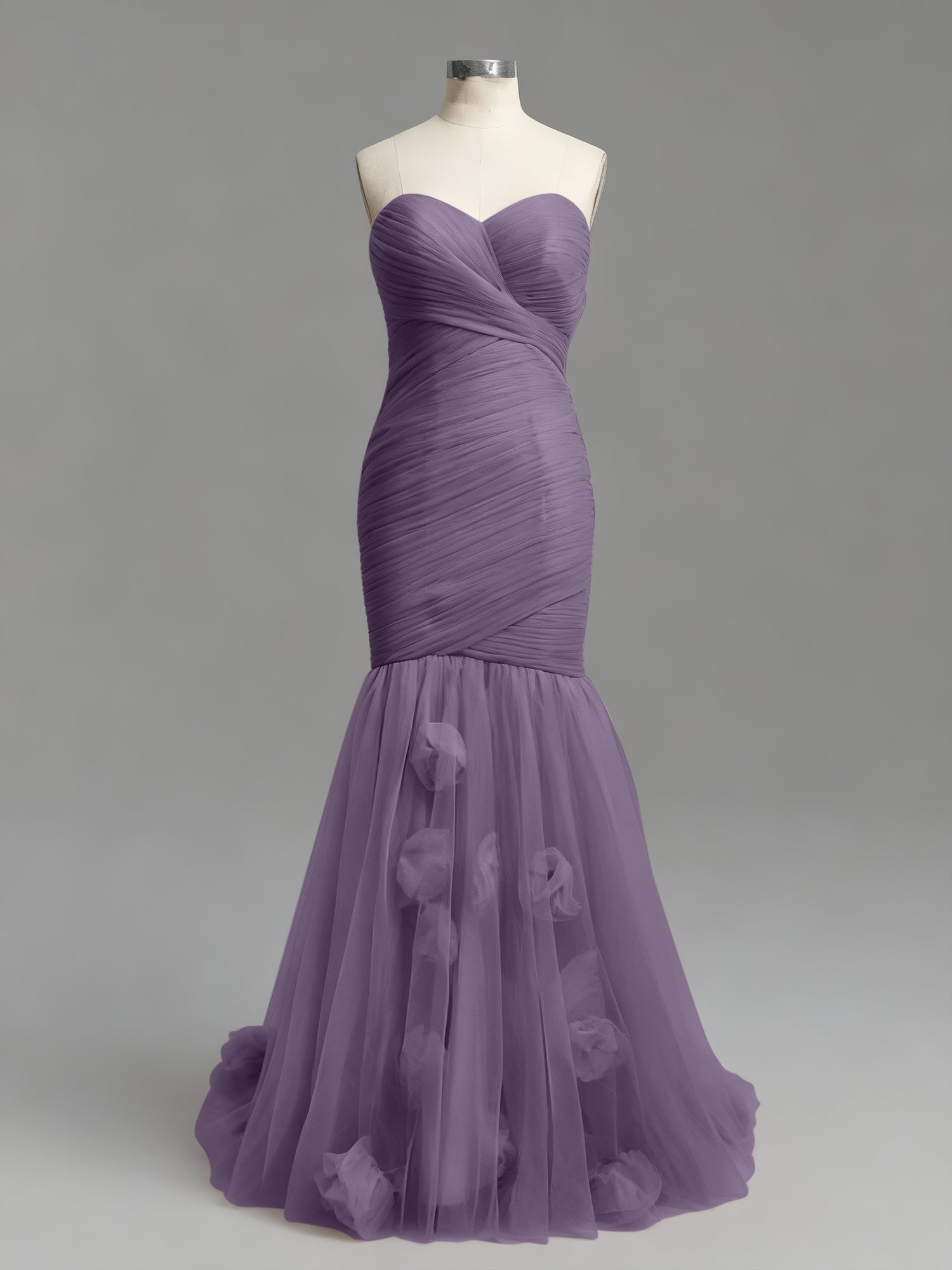 Dusty Rose Mermaid Strapless Ruched Tulle Prom Dress with 3D Floral