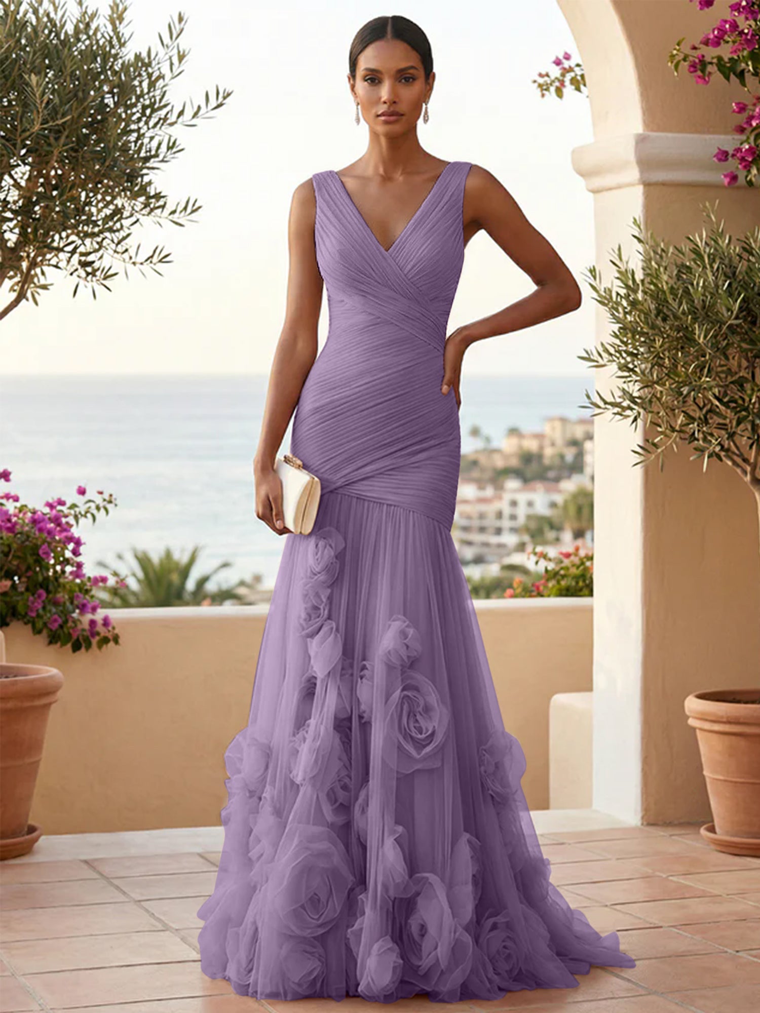 Sweetheart Tulle V Neck Pleat Mermaid Evening Dresses with 3D Flower