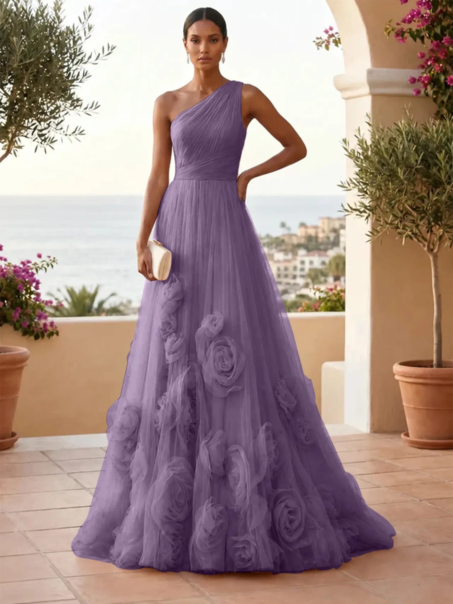 One-Shoulder Sweetheart Tulle Ball Gown with 3D Floral Accents Evening Dresses