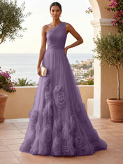 One-Shoulder Sweetheart Tulle Ball Gown with 3D Floral Accents Evening Dresses