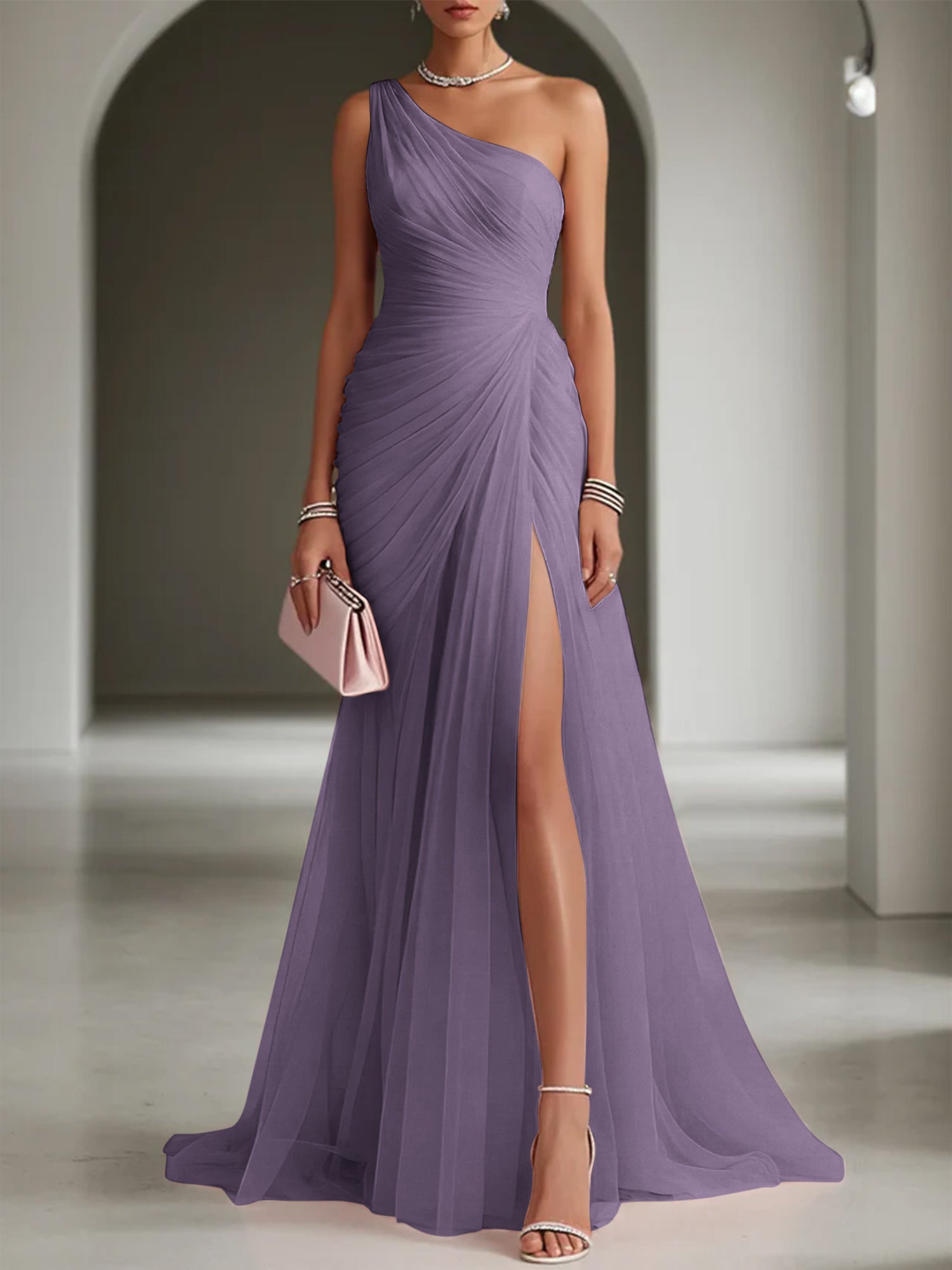 Pink Ruched Slit Tulle Strapless One Shoulder Sheath Gown Dress