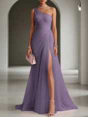 Pink Ruched Slit Tulle Strapless One Shoulder Sheath Gown Dress
