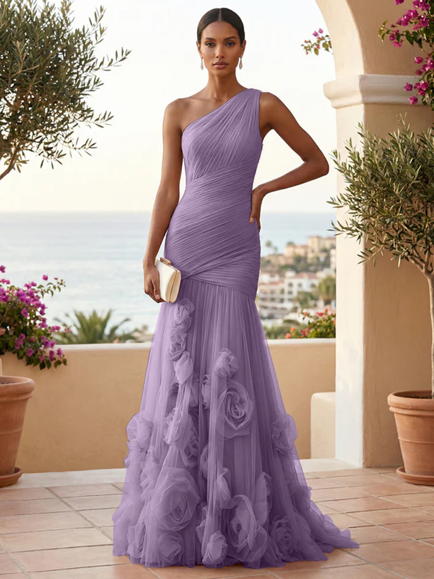 Sweetheart Tulle Pleat One Shoulder Mermaid Evening Dresses Gown with 3D Flower