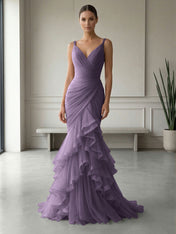 Mauve Folds Tulle Strapless Sleeveless Mermaid Gown Dress