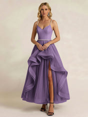 Black Tulle Ruffled A Line Long Formal Dress with Slit