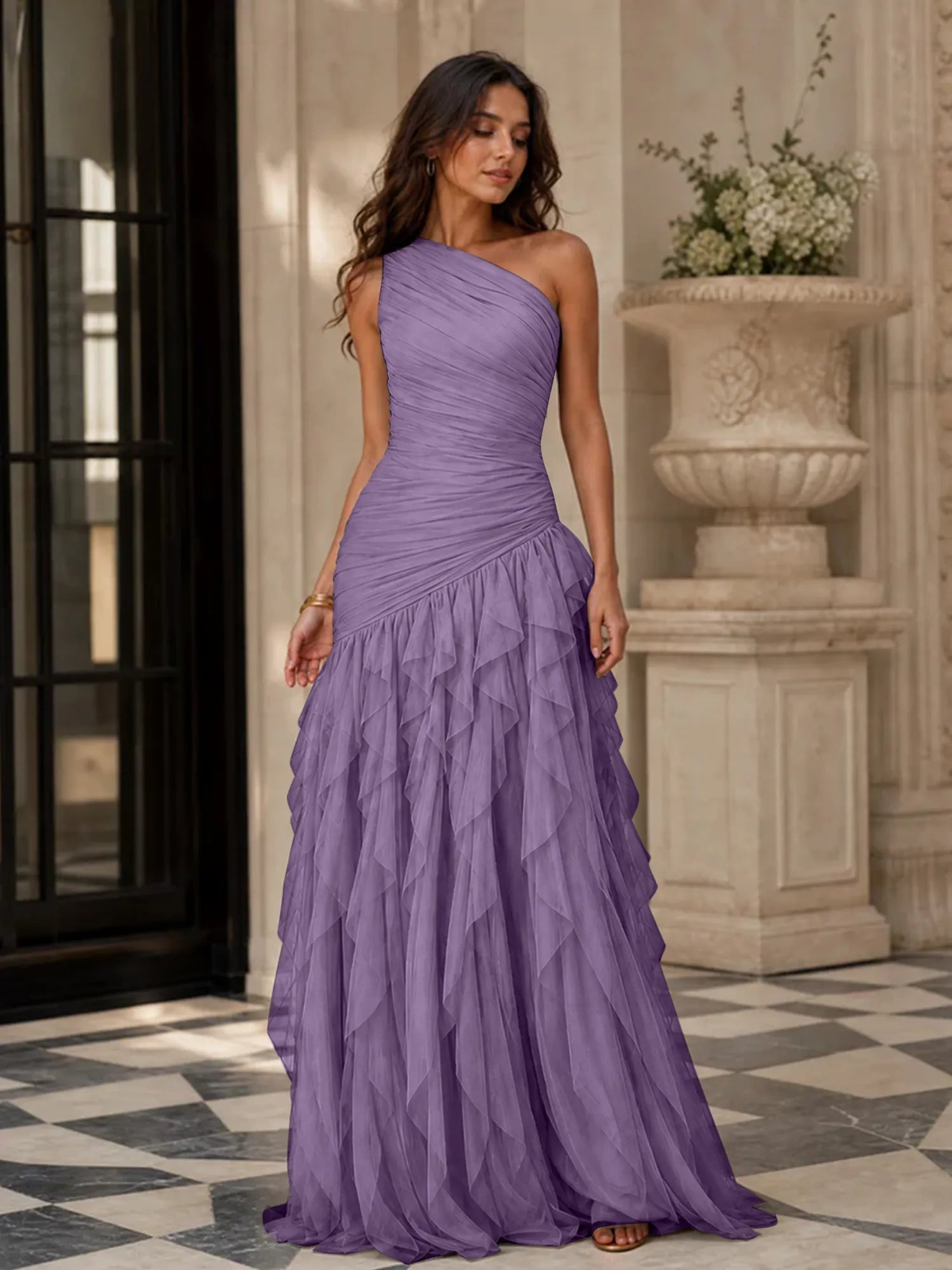 Emerald Green One-Shoulder Ruched Asymmetric Ruffle Chiffon Floor-Length Gown Dress