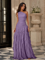 Emerald Green One-Shoulder Ruched Asymmetric Ruffle Chiffon Floor-Length Gown Dress