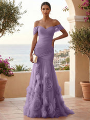 Sweetheart Tulle Off the Shoulder Pleat Mermaid Evening Dresses with 3D Flower