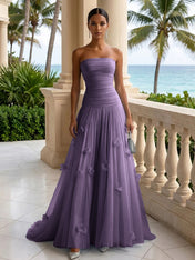 Light Blue Evening Dress with 3D Flower Strapless Pleat Maxi Dress