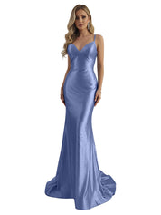 Blue Mermaid Spaghetti Straps V-Neck Rhinestone Long Prom Dress