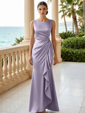 Dusty Blue Scoop Neck Evening Dress with Ruffle Mermaid Maxi Dress