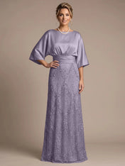 Bateau Neck Satin Evening Gown with 3/4 Batwing Sleeves Mother of The Bride Dresses