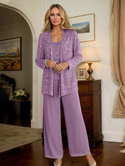 Dusty Purple Chiffon Mother of the Bride Pantsuits with Jacket & Sequins