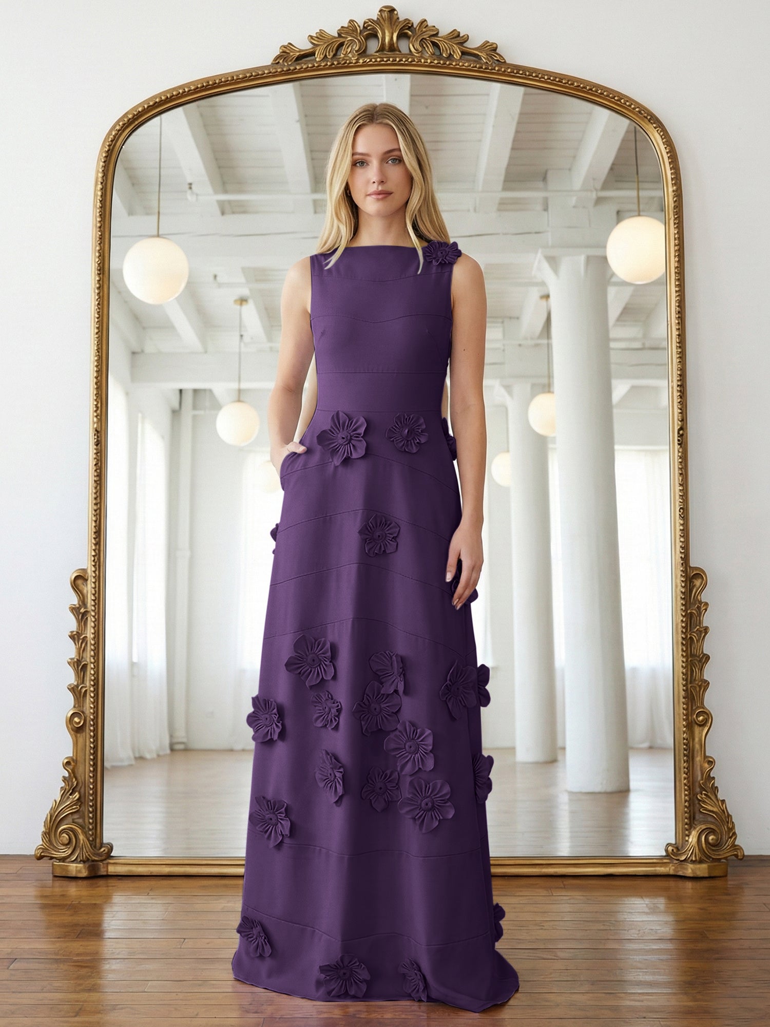 Lavender Boat Neck Formal Gown with Cascading 3D Flowers
