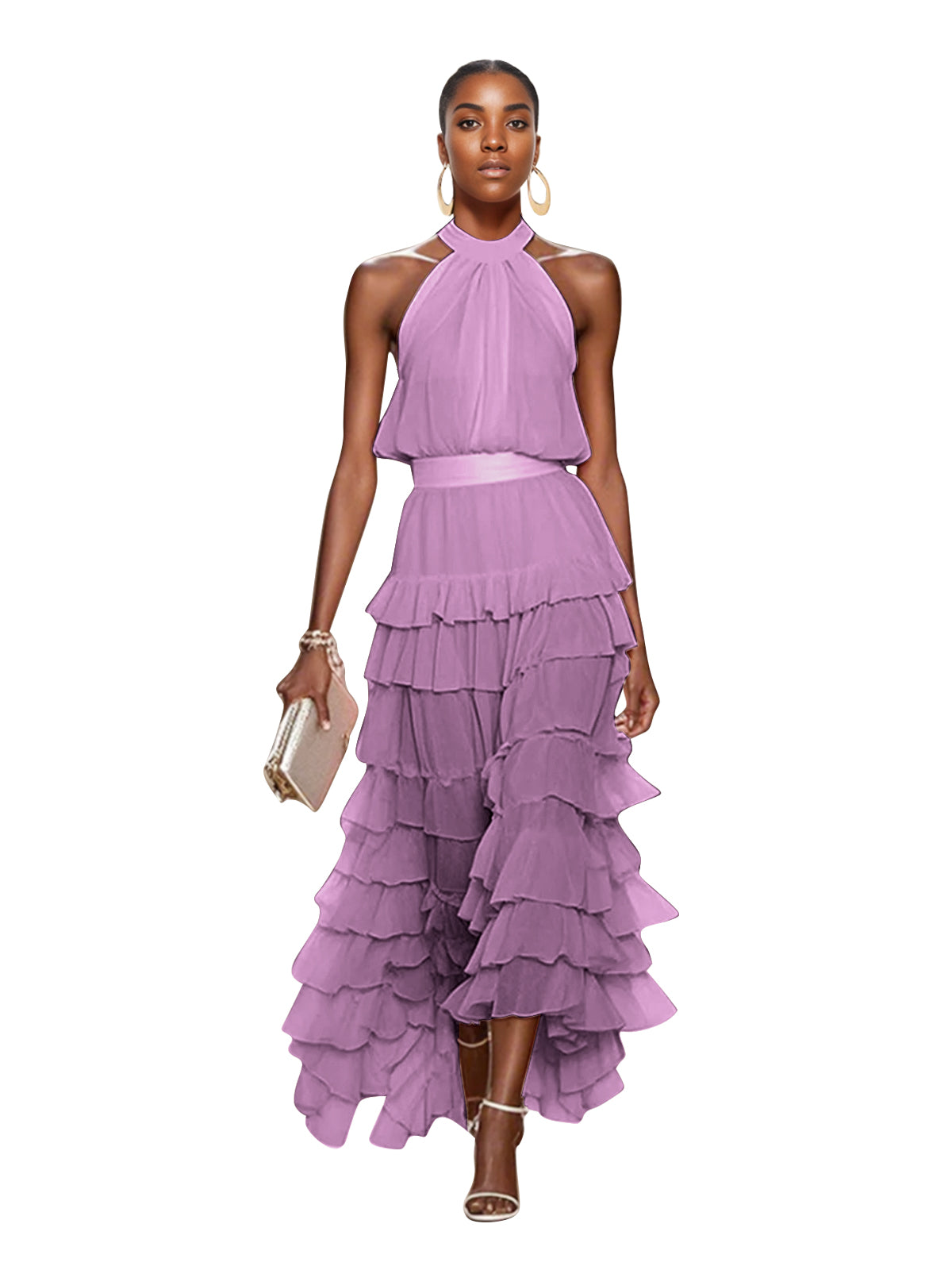 A Line Pink Chiffon Halter Neck Sleeveless Ankle Length Dress With Cascading Ruffles