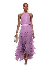 A Line Pink Chiffon Halter Neck Sleeveless Ankle Length Dress With Cascading Ruffles