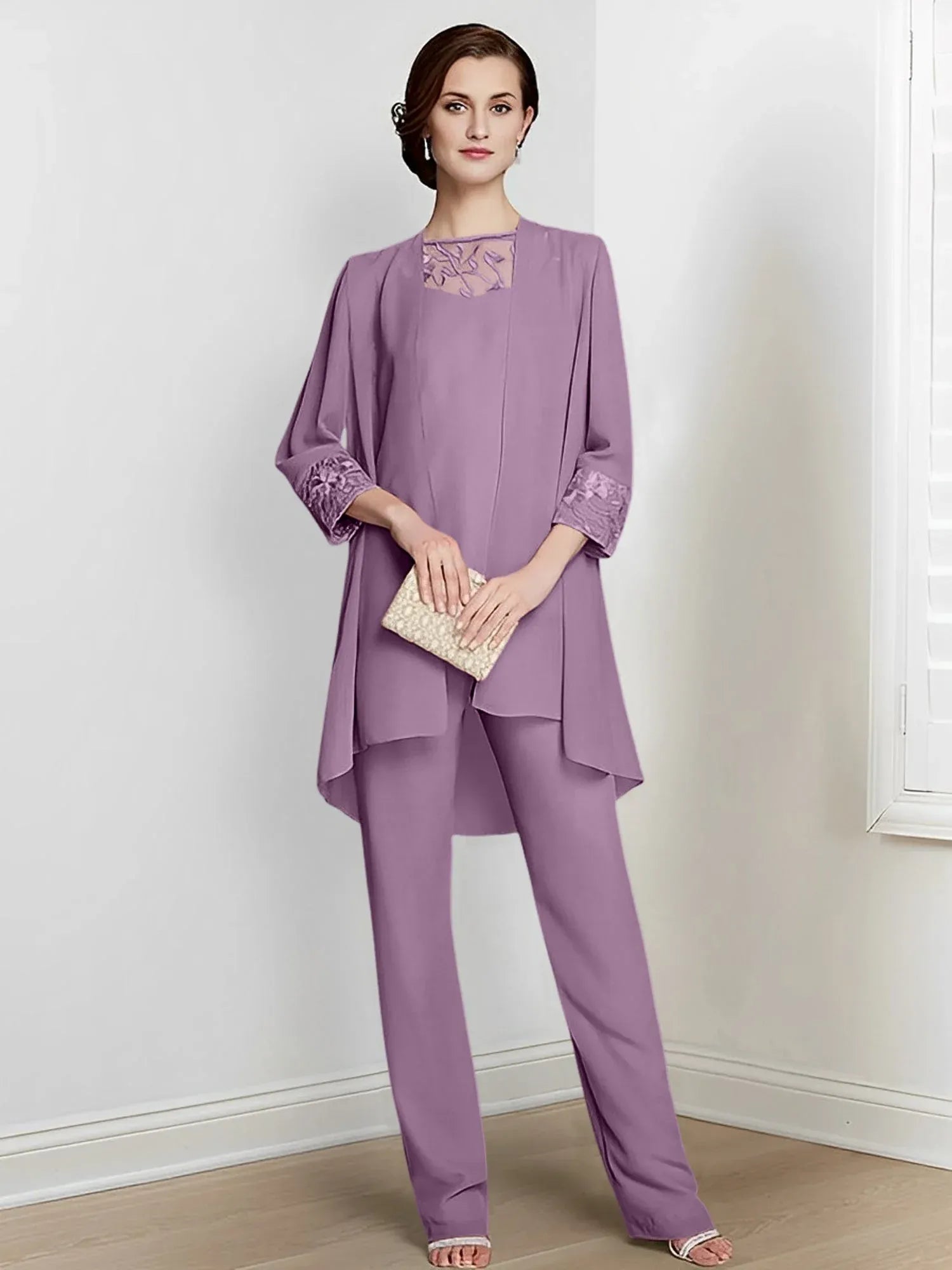 Tailleur-pantalon en mousseline à manches longues pour mère de la mariée avec veste 