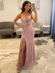 Glamorous Royal Blue Linear Beaded Cutout Prom Dress with Slit