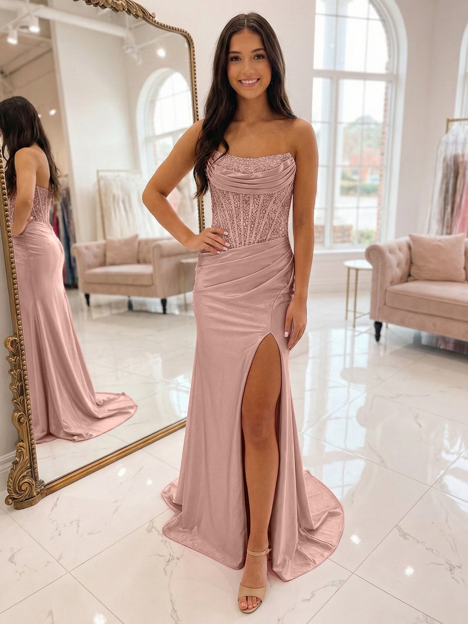 Romantic Pink Satin Corset Slit Prom Dress with Beaded Bodice