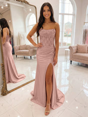 Romantic Pink Satin Corset Slit Prom Dress with Beaded Bodice