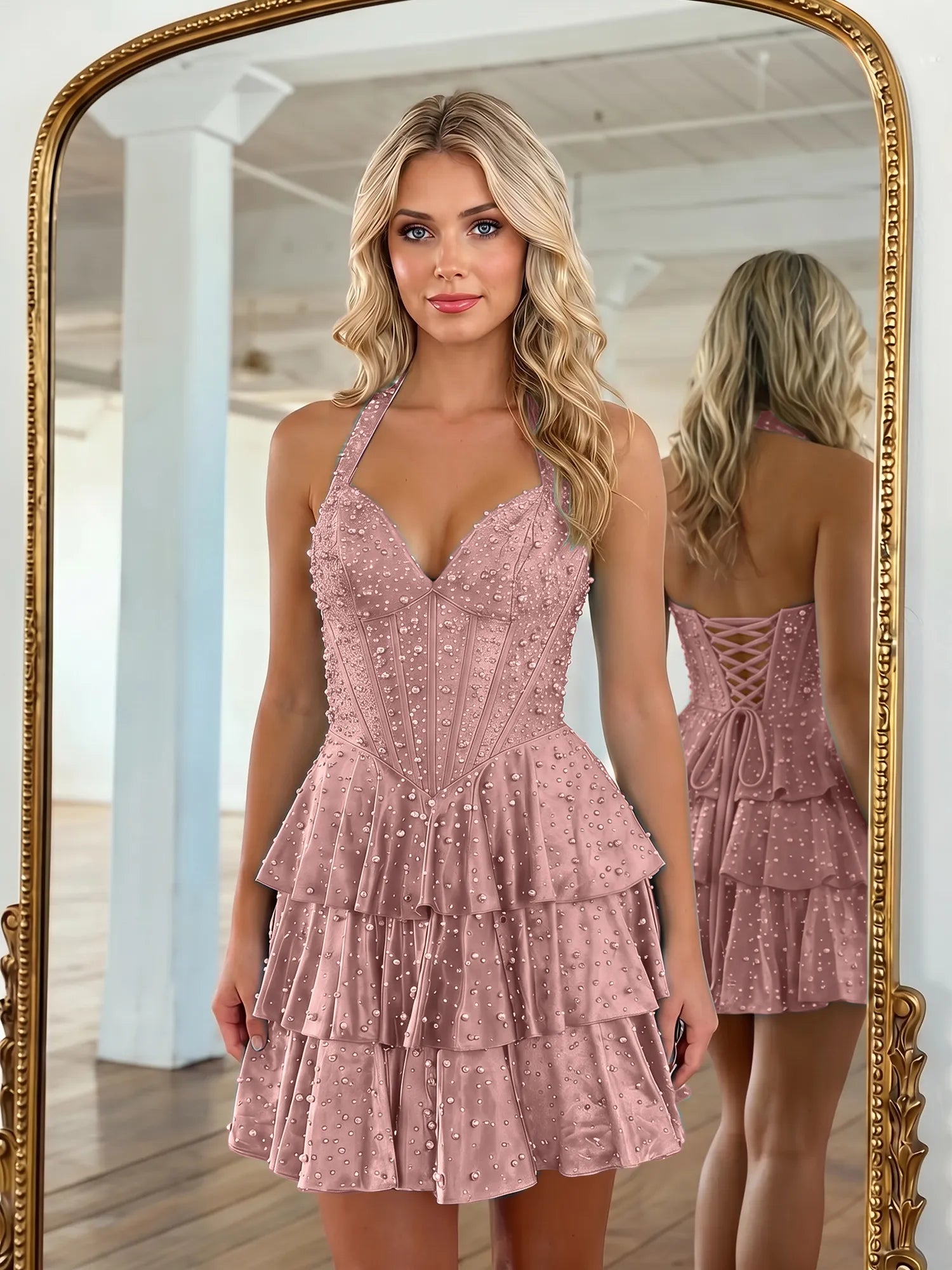 Halter Neck Pearl Beaded Tiered Short Homecoming Dresses