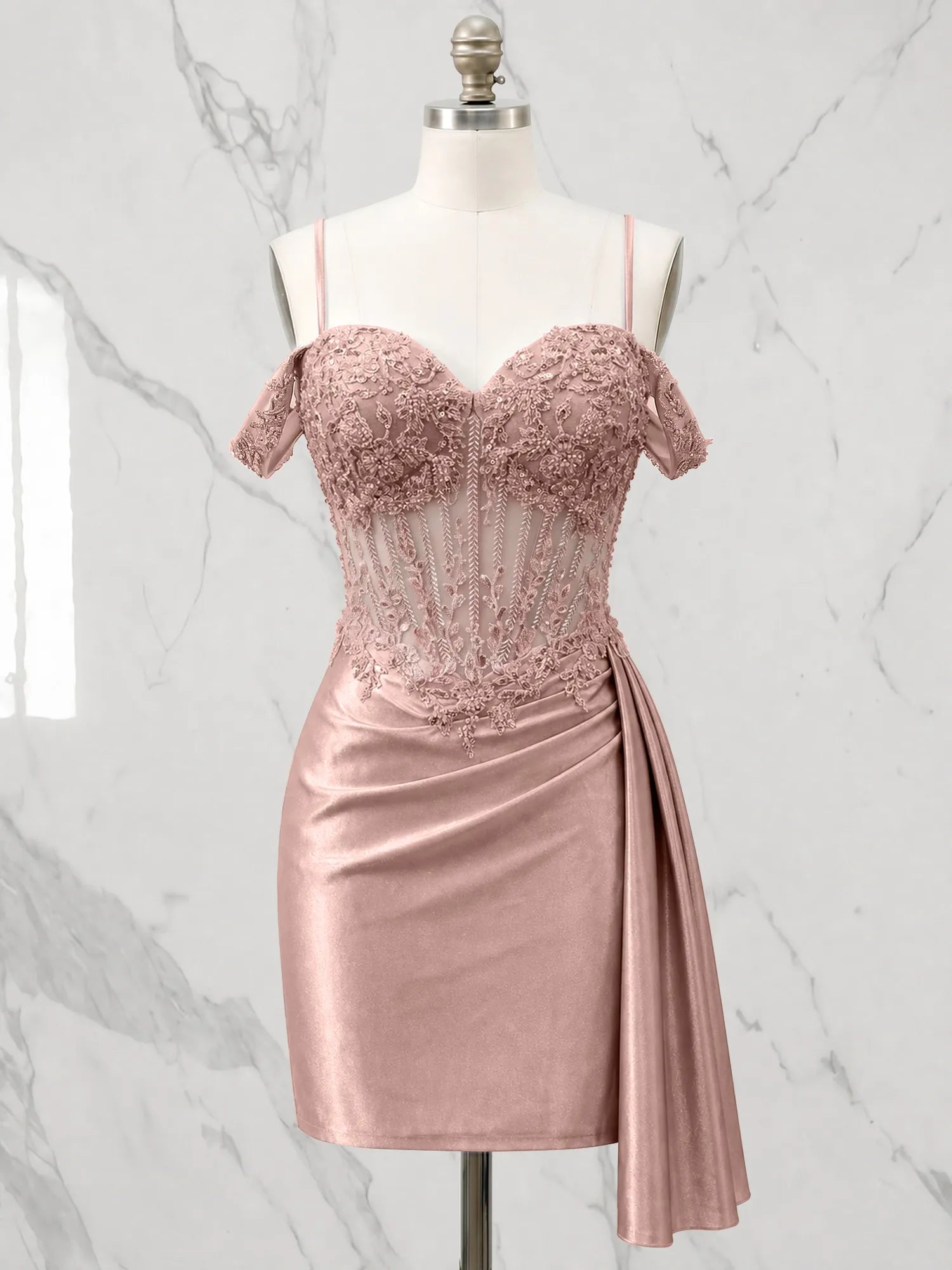 Sweetheart Sheer Corset Mini Dress with Cascading Side Drape Homecoming Dresses