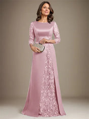 A-Line Scoop Floor-Length Lace Satin Mother Of the Bride Dress With Applique