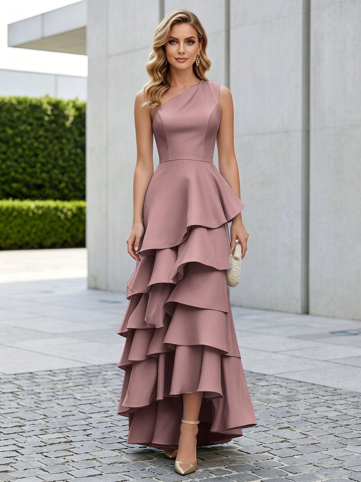 One Shoulder Tiered Ruffle Satin Mermaid Evening Gown with Sculptural Layers