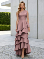 One Shoulder Tiered Ruffle Satin Mermaid Evening Gown with Sculptural Layers