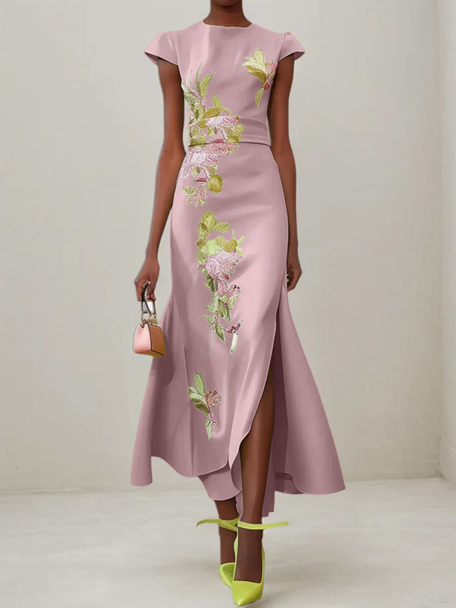 Green Floral Embroidered Cap Sleeve Slit Sheath Maxi Dress