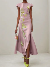 Green Floral Embroidered Cap Sleeve Slit Sheath Maxi Dress