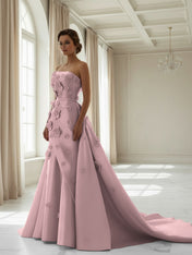 Pink A Line Satin Strapless Prom Dress with 3D Floral Appliques