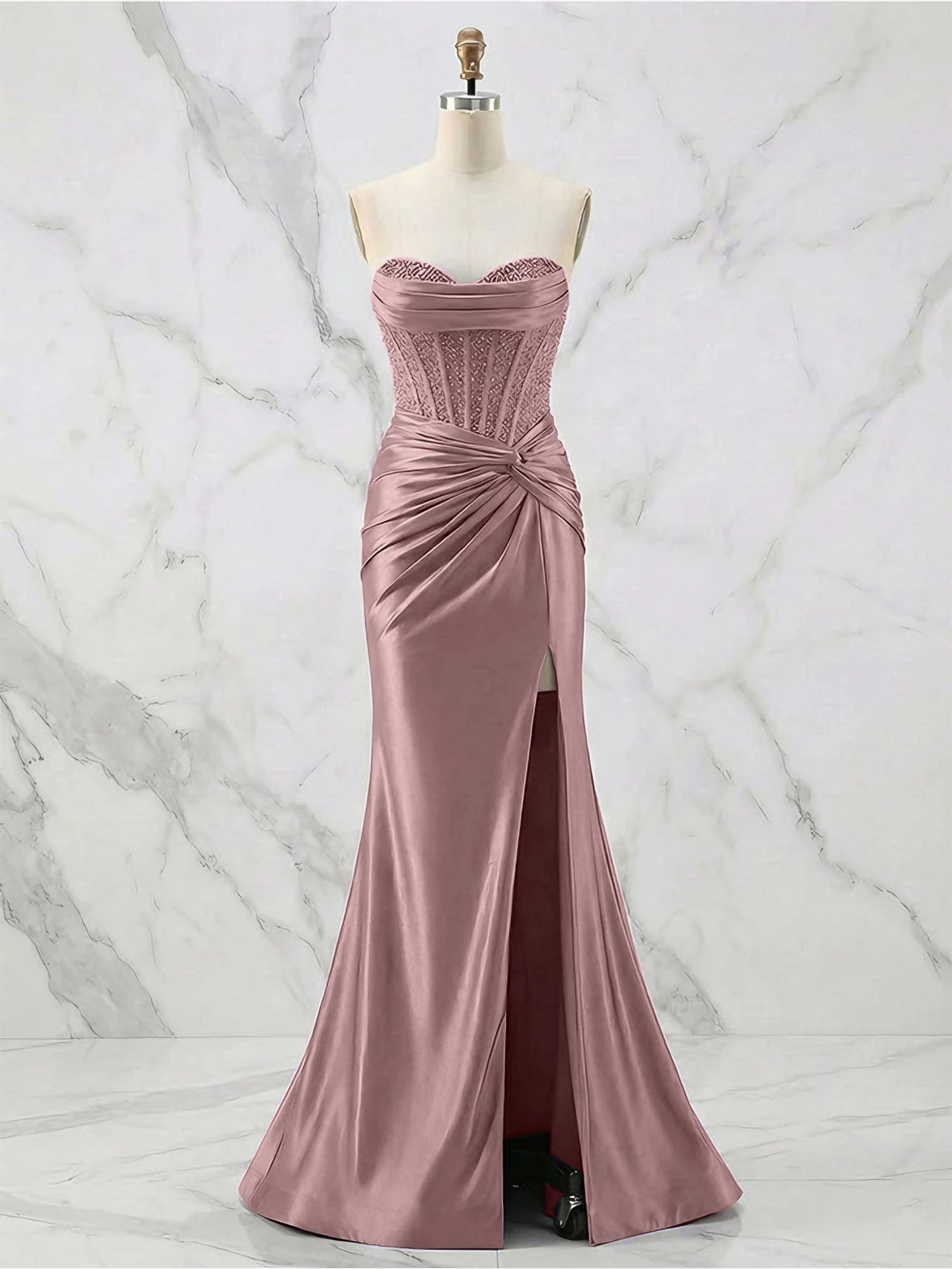 Glamorous Strapless Beaded Corset Satin Prom Dress with Slit