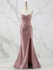 Glamorous Strapless Beaded Corset Satin Prom Dress with Slit