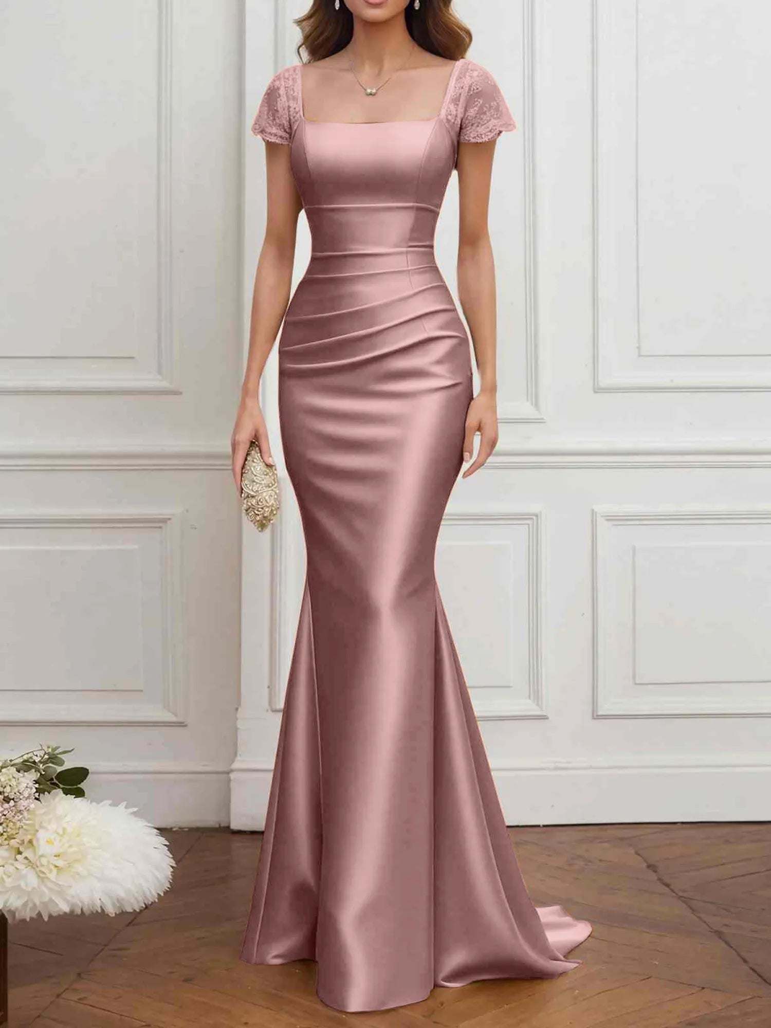 Mother of the Bride Dress Champagne Satin Square Neck Maxi Dress