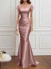 Mother of the Bride Dress Champagne Satin Square Neck Maxi Dress