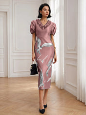 Black Folds V Neck Puff Sleeve Midi Sheath Dress