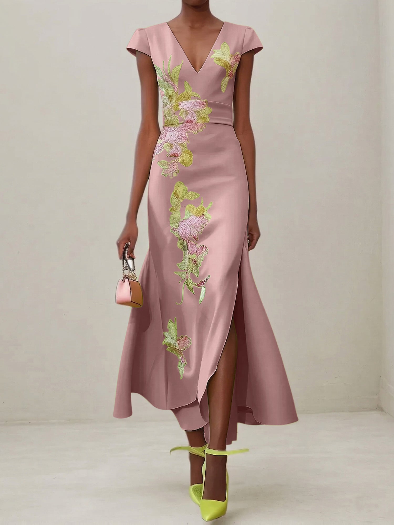 Green Floral V Neck Embroidered Cap Sleeve Slit Sheath Maxi Dress