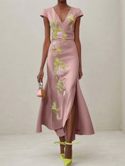 Green Floral V Neck Embroidered Cap Sleeve Slit Sheath Maxi Dress