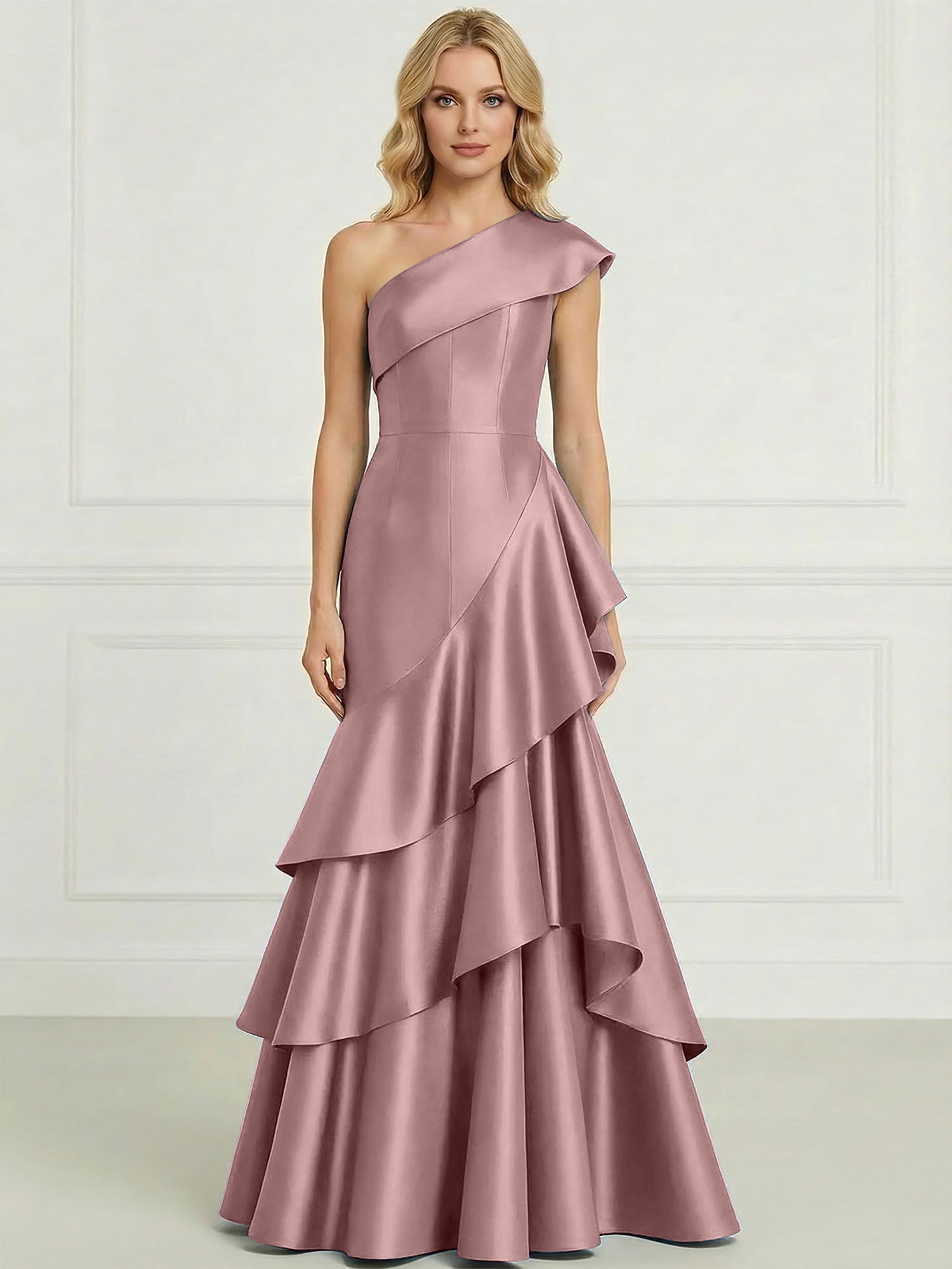 Formal Evening Dress Dark Blue One-Shoulder Satin Tiered Maxi Gown