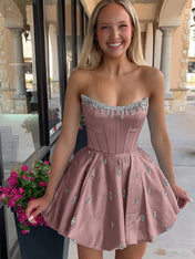 Sparkly Satin A Line Short Corset Homecoming Dress with Rhinestones