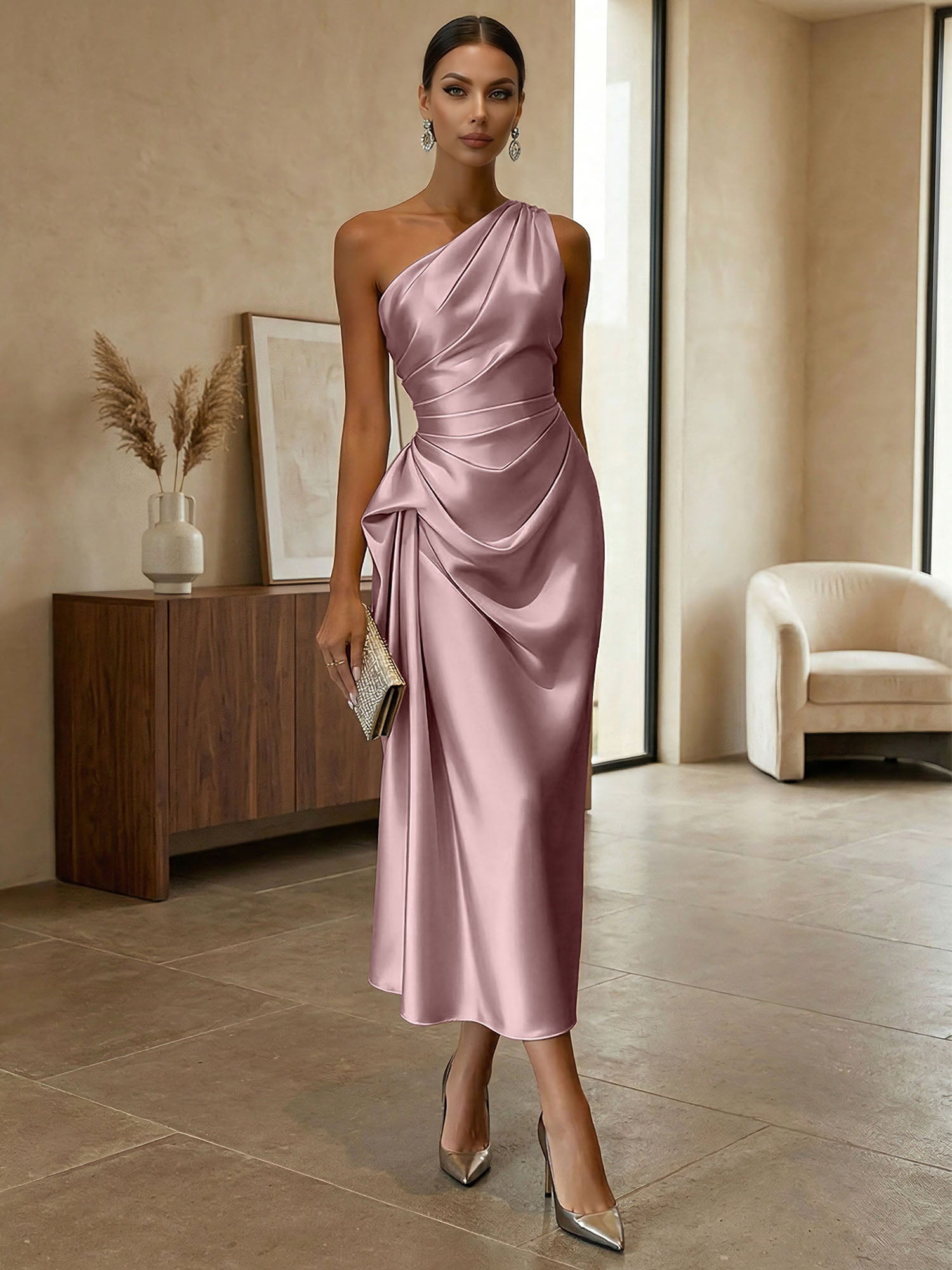 Champagne Ruched Satin One Shoulder Sleeveless Sheath Midi Dress